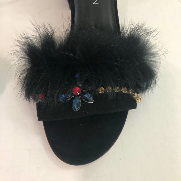 Stuart Weitzman Embellished Suede Fur Sandal Heels - Picture 10 of 15